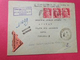 Gandon 3fr X 3 Sur Enveloppe En Recommandé Provisoire Contre Remboursement De Marseille Pour Tunis En 1946  - Réf 3506 - 1921-1960: Periodo Moderno