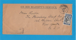 ON HIS MAJESTY'S SERVICE.  LETTRE DE COLOMBO POUR NEW YORK,U.S.A.,1936. - Ceilán (...-1947)