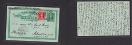 CHILE - Stationery. 1905 (18 Apr) Valp - Germany, Alterkirchen (17 May) 1c Green Stat Card + 2c Red Adtls Via Cordillera - Chili