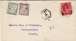 GREAT BRITAIN 1910 LETTER WITH FRENCH SURCHARGE SENT FROM BIRMINGHAM TO MONTPELLIER - Covers & Documents