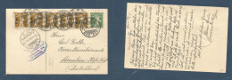 Switzerland - Stationery. 1916 (20 Aug) Bern - Germany, Mannheim. 5c Green Stat Card + 1c Ovptd Strip Of Five, Tied Cds. - Other & Unclassified