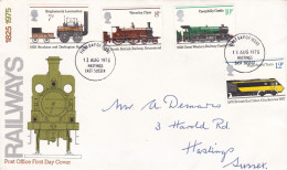 GB Engeland 1975 FDC FDC Sc #749-#752 Yvert 760/3 Stockton - Darlington First Steam Passenger Railway Train Hastings - Trains