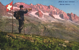 MILITARIA, ILLUSTRATION, SOLDIER, TRUMPET, FLAG, MOUNTAIN, 1914 OCCUPATION OF THE BORDERS, SWITZERLAND, POSTCARD - Autres & Non Classés