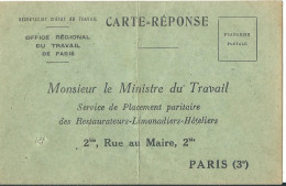 FRANCE CARTE REPONSE MINISTERE DU TRAVAIL POUR UNE CUISINIERE DE 1912 LETTRE COVER - Civil Frank Covers