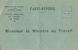 FRANCE CARTE REPONSE MINISTERE DU TRAVAIL POUR UNE PLONGEUSE DE 1947 LETTRE COVER - Lettres Civiles En Franchise