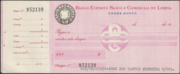 Portugal, Cheque - Banco Espirito Santo E Comercial De Lisboa. Conde Barão, Lisboa -|- Selo Do Cheques $10 - Chèques & Chèques De Voyage
