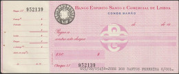 Portugal, Cheque - Banco Espirito Santo E Comercial De Lisboa. Conde Barão, Lisboa -|- Selo Do Cheques $10 - Cheques En Traveller's Cheques