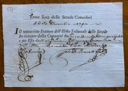 TERRE ARNOLFE - SPOLETO - 1796 - TASSA FISSA SULLE STRADE CONSOLARI - RICEVUTA TRIBUNALE DELLE STRADE - Historische Documenten