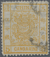 China: 1883, Large Dragon Thicker Paper 5 Ca.yellow, Canc. Parts Of Black Seal ( - 1912-1949 Republik
