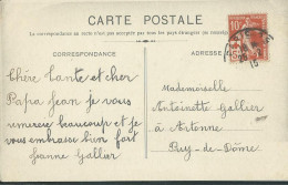 FRANCE CARTE 10c + 5c SEUL  PARIS POUR ARTONNE ( PUY DE DOME ) DE 1915 LETTRE COVER - 1877-1920: Semi-Moderne