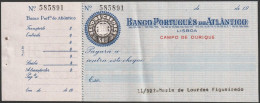 Portugal, Cheque - Banco Português Do Atlântico. Lisboa - Cheques & Traveler's Cheques
