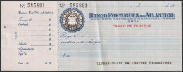 Portugal, Cheque - Banco Português Do Atlântico. Lisboa - Cheques & Traverler's Cheques