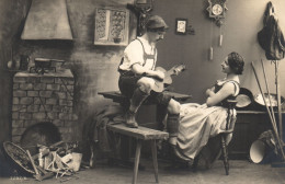 YOUNG MAN WITH HAT PLAYING ON GUITAR, YOUNG WOMAN, VINTAGE CLOCK, FIREPLACE, SWITZERLAND, POSTCARD - Andere & Zonder Classificatie