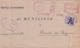 1949  Piego  Con Affrancatura Rossa  EMA  COMUNE DI VERONA Con Aggiunta Di 50c Democratica - Marcofilía