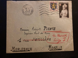 LETTRE TP YT 914 CROIX-ROUGE Me DE MOULINS 12F+3F + FRANCHE COMTE 3F OBL.MEC.4-2 1952 PARIS V - Storia Postale