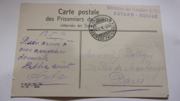 SUISSE GSTAAD CARTE POSTALE PRISONNIERS GUERRE INTERNEMENT CACHET HOTEL VICTORIA AMBULANT MONTREUX VERS PARIS - Gstaad