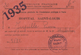01-Hôpital Saint-Louis... Administration Générale De L'Assistance Publique... P.Jupille ...Paris 1935 - Tarjetas De Membresía