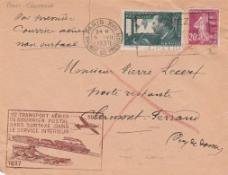 1er Transport Aérien Sans Surtaxe - Paris- Clermont Ferrand   07/07/1937 - 1927-1959 Cartas & Documentos