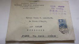 ENVELOPPE KANDA TOKYO NIPPON 1937 FRANCE VIA SIBERIA SARLAT DORDOGNE MAISON FRANCO JAPONAISE BONNEAU - Briefe U. Dokumente