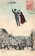 MIKIBP10-049- SUISSE NEUCHATEL PLACE DU MARCHE SURREALISME HOMME AU PARAPLUIE VOLANT - Neuchâtel