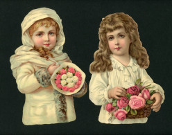 2 Grands Bustes Enfants Comme Ange En Blanc Avec Bouquet Et Panier De Roses.  17 X 11,5 Cm - Andere & Zonder Classificatie