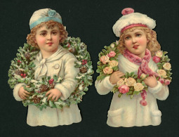 2 Grands Bustes Enfants Comme Ange En Blanc  Coronne De Roses Et Couronne De Houx Noël ( Avec Paillettes .  16,5 X 12 Cm - Andere & Zonder Classificatie