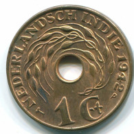 1 CENT 1942 INDES ORIENTALES NÉERLANDAISES INDONÉSIE Bronze Colonial Pièce #S10291.F.A - Indes Néerlandaises
