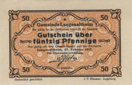 50 PFENNIG 1917 Stadt LANGENALTHEIM Bavaria UNC DEUTSCHLAND Notgeld #PB967 - [11] Emissioni Locali