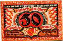 50 PFENNIG 1920 Stadt KARLSRUHE Baden DEUTSCHLAND Notgeld Papiergeld Banknote #PL622 - [11] Local Banknote Issues