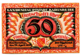 50 PFENNIG 1920 Stadt KARLSRUHE Baden DEUTSCHLAND Notgeld Papiergeld Banknote #PL604 - [11] Local Banknote Issues