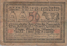 50 PFENNIG 1920 Stadt EMMERICH Rhine DEUTSCHLAND Notgeld Banknote #PI217 - [11] Local Banknote Issues