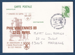 France - Entier Postal - Phil'Vincennes - Congrès Philatélique D'Ile De France - 1989 - Sobres Tipos Y TSC (antes De 1995)
