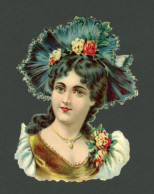 Chromo Découpi  Gaufré  Buste De Femme Avec Grand Chapeau Rosess  17,5 X 12  Cm - Altri & Non Classificati
