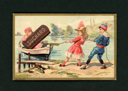 Chromo Suchard   Champenois  Fillette Emène Un Carré De Chocolat Sur La Barque  Bord Doré  10 X 6,5 Cm - Suchard