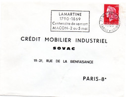 ECRIVAIN / LAMARTINE = 71 MACON GARE 1969 = FLAMME SECAP ' CENTENAIRE De Sa MORT ' Sur Enveloppe ENTIERE - Annullamenti Meccanici (pubblicitari)