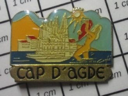 413E Pin's Pins / Beau Et Rare / VILLES / CAP D'AGDE BATEAU VOILIER AMPHORE FEMME NUE - Ciudades