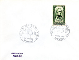 ECRIVAIN / LAMARTINE = 71 MACON 1969 = CACHET Illustré CONCORDANT N° 795 = CENTENAIRE 1790 - 1869 - Writers