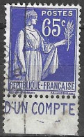 FRANCIA - TIPO PACE CENT. 65 (TIPO II) CON BANDELETTA PUBBLICITARIA "D'UN COMPTE" - USATO (YVERT 365b) - Usati