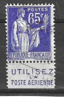 FRANCIA - TIPO PACE CENT. 65 (TIPO II) CON BANDELETTA PUBBLICITARIA "UTILISEZ LA POSTE AERIENNE" - USATO (YVERT 365b) - Used Stamps