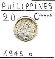 PHILIPPINES Commonwealth  20 Centavos  Femme KM 182   , 1945d   Ag.0.750  TTB - Filippine