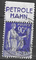 FRANCIA - TIPO PACE CENT. 65 (TIPO II) CON BANDELETTA PUBBLICITARIA "PETROLE HAHN" - USATO (YVERT 365b) - Used Stamps