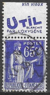 FRANCIA - TIPO PACE CENT. 65 (TIPO II) CON BANDELETTA PUBBLICITARIA "UTIL" - USATO (YVERT 365b) - Used Stamps