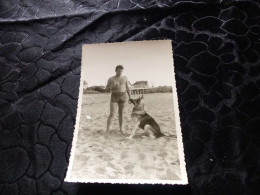 P-143 , Photo Animal , Chien Berger Allemand Assis Sur La Plage Et Son Maître En Maillot De Bains, Circa 1940 - Autres & Non Classés