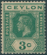 Ceylon 1912 SG302 3c Blue-green KGV #1 MLH (amd) - Sri Lanka (Ceilán) (1948-...)