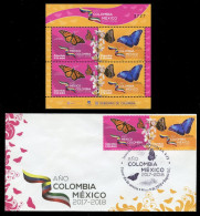 COLOMBIA (2018) First Day Cover + Sheet - Año Colombia México, Danaus Plexippus, Morpho Peleides, Butterflies, Papillons - Colombia