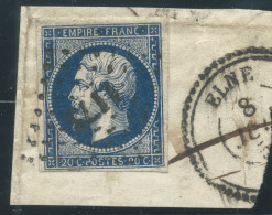 N°14 20c BLEU NOIR NAPOLEON TYPE 1 SUR FRAGMENT / PC 1173 ELNE IND 12 - 1853-1860 Napoléon III