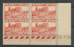 TUNISIE N° 217 Bloc De 4 Coin Daté 25 / 4 / 39 NEUF** SANS CHARNIERE NI TRACE / Hingeless  / MNH - Unused Stamps