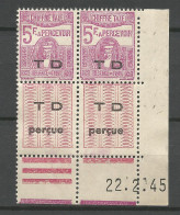 TUNISIE TAXE N° 55 Bloc De 4 Coin Daté 22 / 2 / 45 NEUF** SANS CHARNIERE NI TRACE / Hingeless  / MNH - Portomarken