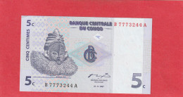 BANQUE CENTRALE DU CONGO  .  5 CENTIMES  .  01-11-1997  .  N°  B 7773244 A  .  BILLET EN TRES BEL ETAT  .  2 SCANNES - République Démocratique Du Congo & Zaïre