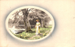 PAINTING, FINE ARTS, LAKE, BOAT, WOMAN WITH HAT WALKING, GERMANY, EMBOSSED POSTCARD - Paintings